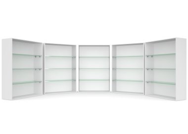 Beyaz izole arka plan üzerinde boş vitrin cam raflar