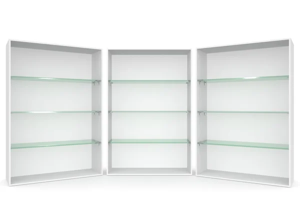 Empty showcase with glass shelves on white isolated background — Stock Photo, Image