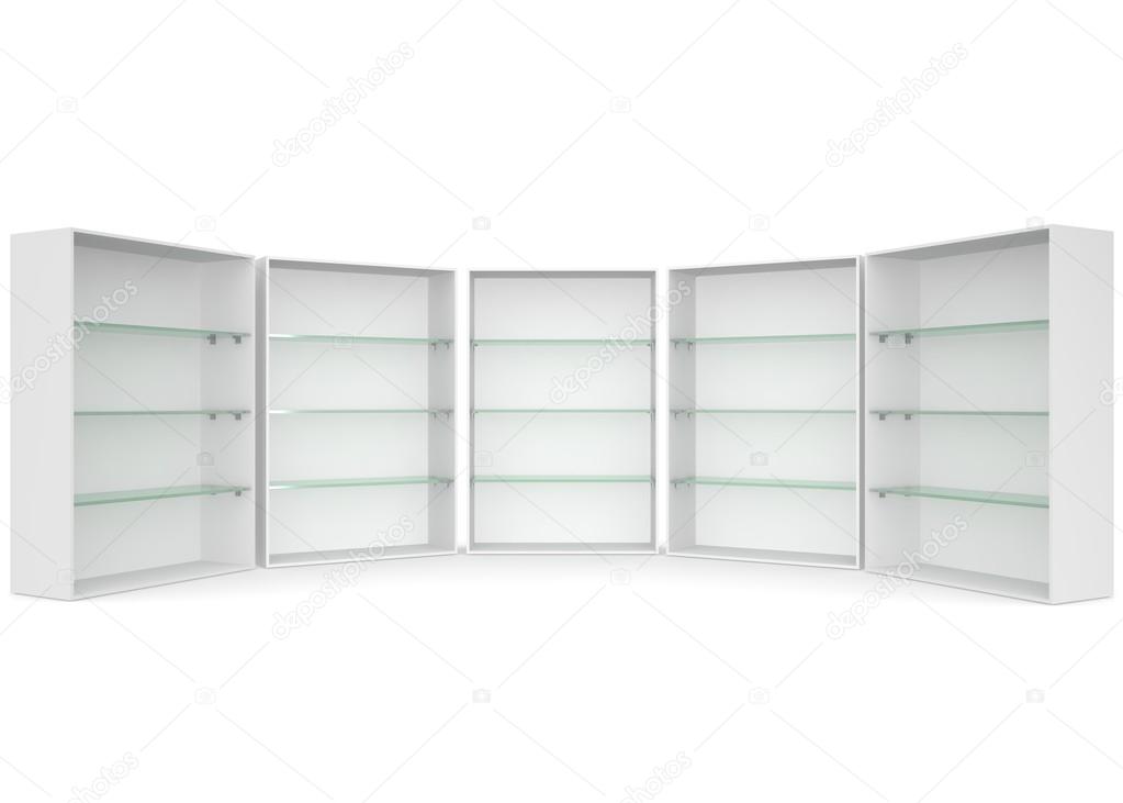 Empty showcase with glass shelves on white isolated background