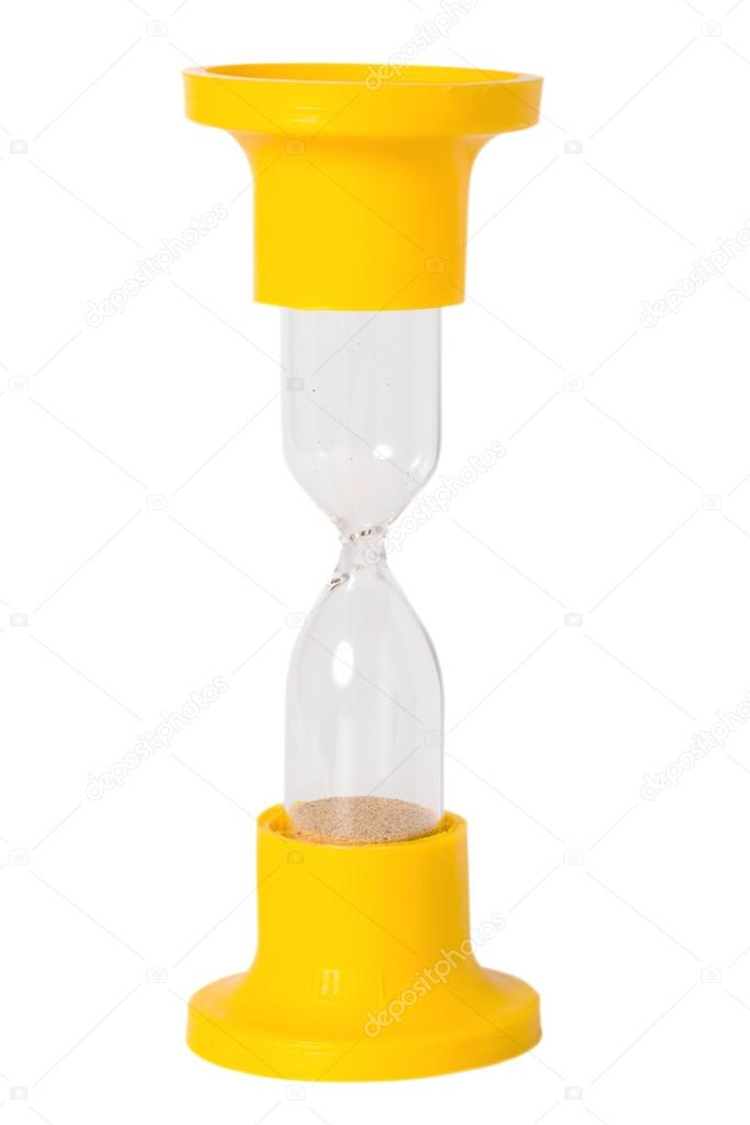 Hourglass in yellow stand on a white background