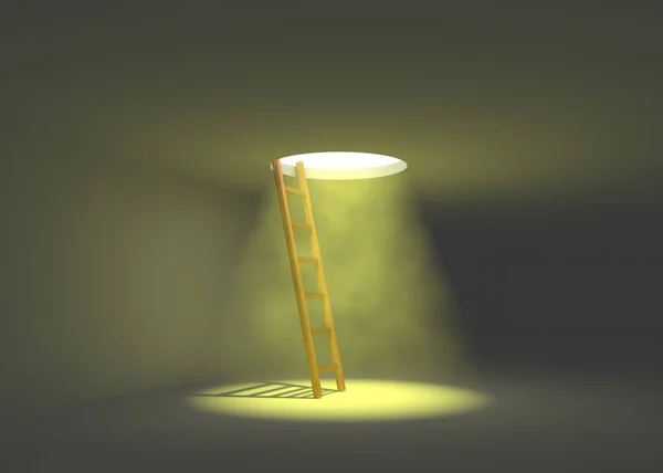 Ladder Dark Room Stands Hatch Yellow Light Shines Bow Illustration — Stock Photo, Image