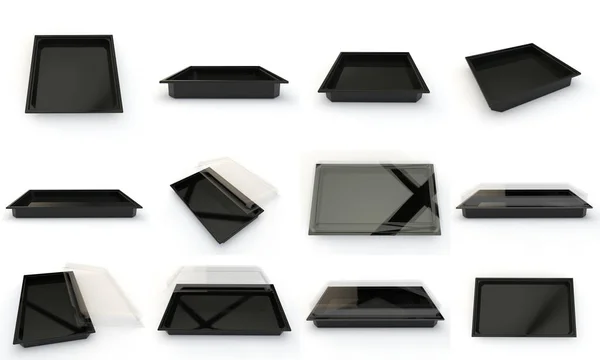 Conjunto Cajas Plástico Negro Fondo Blanco Aislado Renderizado — Foto de Stock