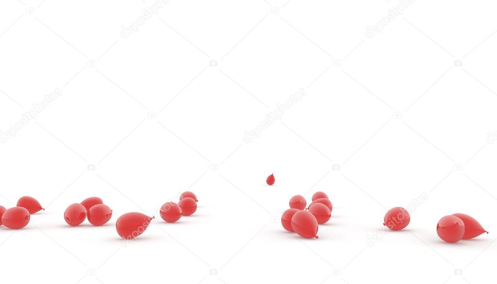 Red balloons are scattered on the floor. 3D render. Isolated white background