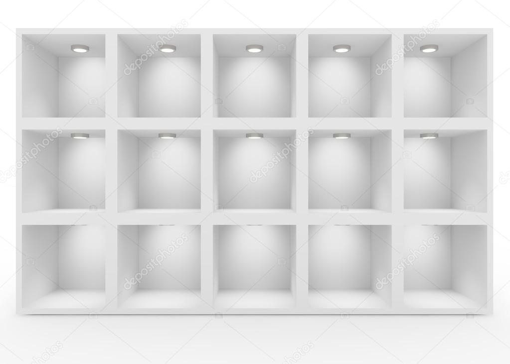 Empty white shelves with lighting