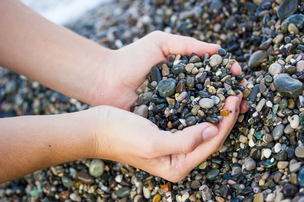 kızı deniz taşları tutuyor