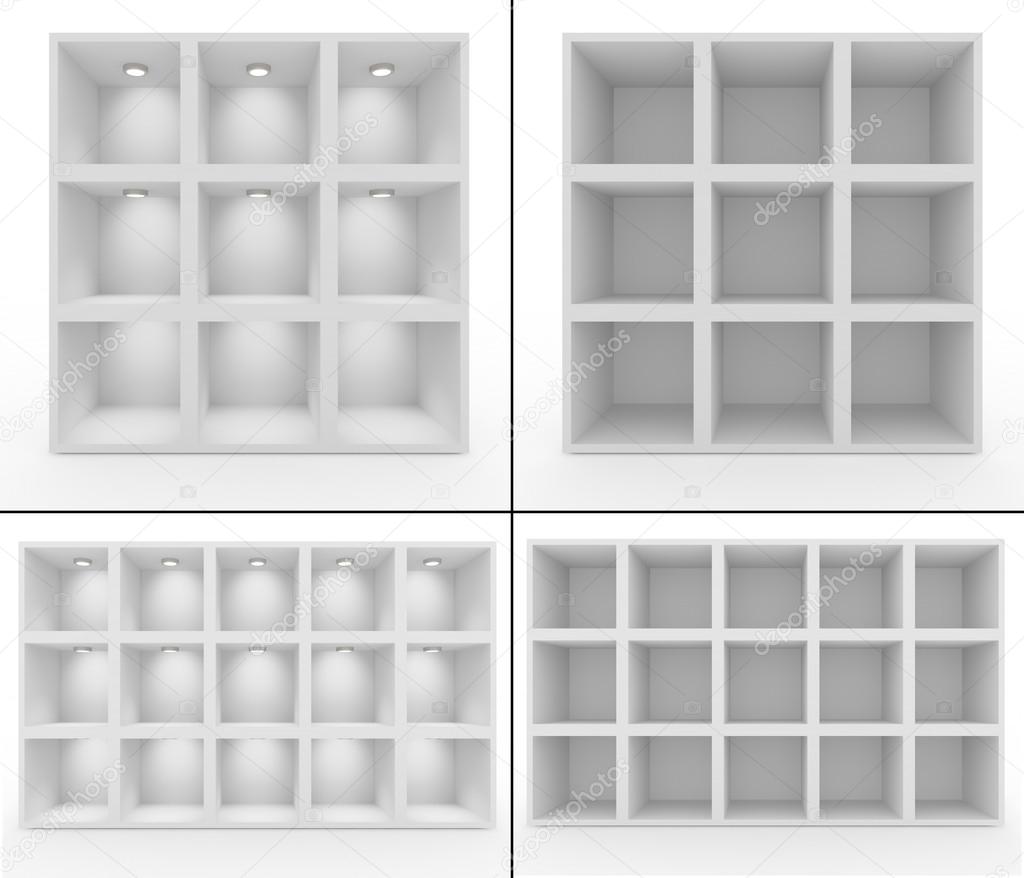 Collection. Empty white shelves with lighting