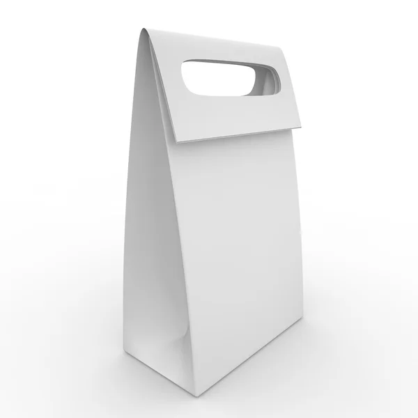 Pacchetto bianco vuoto con maniglia su sfondo bianco — Foto Stock