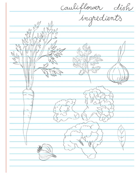 カリフラワー料理のレシピ成分の手描きイラスト 議題ページ上の落書きや手書きのテキスト — ストック写真