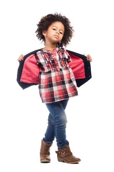 Elegante niña con bolsa de cuero — Foto de Stock