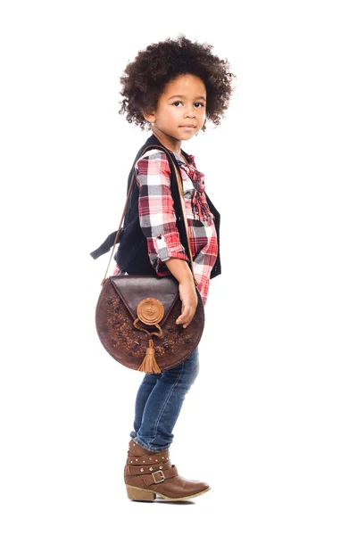 Deri çanta ile şık küçük kız — Stok fotoğraf