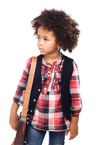 Stylish little girl with folk leather bag — Stock Photo, Image