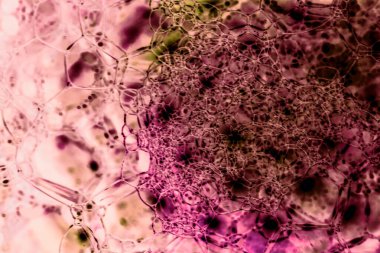 Güzel, soyut sabun köpüklerini kapatın. Tasarım için arkaplan modeli. Makro fotoğrafçılık görünümü.