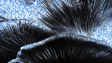 Mavi ve siyah pikselli tasarımları içeren dinamik soyut desen.