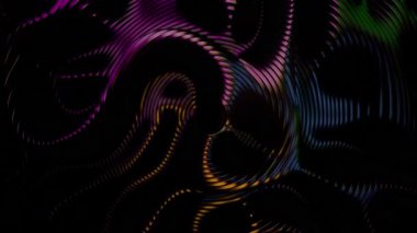 Siyah bir arkaplanda mor ve turuncu renkli canlı soyut dalga desenleri.