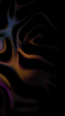 Siyah bir arkaplanda mor ve turuncu renkli canlı soyut dalga desenleri.