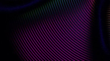 Siyah bir arkaplanda mor ve turuncu renkli canlı soyut dalga desenleri.