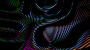 Siyah bir arkaplanda mor ve turuncu renkli canlı soyut dalga desenleri.