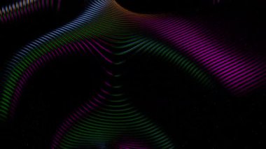 Siyah bir arkaplanda mor ve turuncu renkli canlı soyut dalga desenleri.