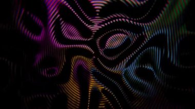 Siyah bir arkaplanda mor ve turuncu renkli canlı soyut dalga desenleri.