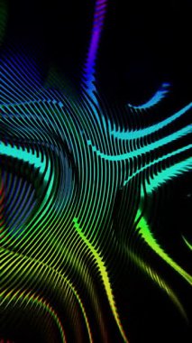 Siyah bir arkaplanda mor ve turuncu renkli canlı soyut dalga desenleri.