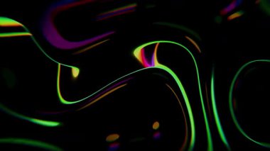 Siyah bir arkaplanda mor ve turuncu renkli canlı soyut dalga desenleri.