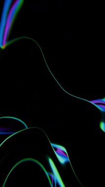 Siyah bir arkaplanda mor ve turuncu renkli canlı soyut dalga desenleri.