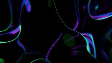 Siyah bir arkaplanda mor ve turuncu renkli canlı soyut dalga desenleri.