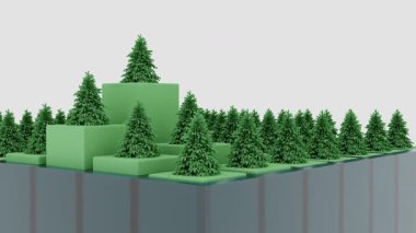 canlı yeşil orman sahnesi stilize ağaçlar ve geometrik şekiller.