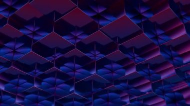 Mor ve mavi tonlarda altıgen şekiller içeren büyüleyici bir soyut desen..