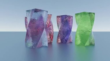 Benzersiz dokuları olan renkli, soyut cam heykeller koleksiyonu..