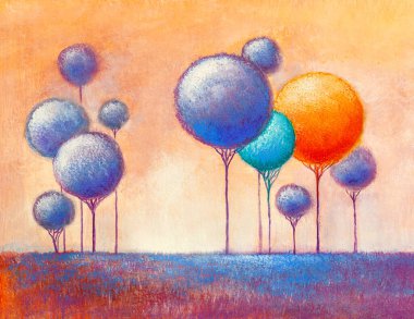 Yağlı boya manzara, renkli soyut ağaçlar. El Boyalı Empresyonist.