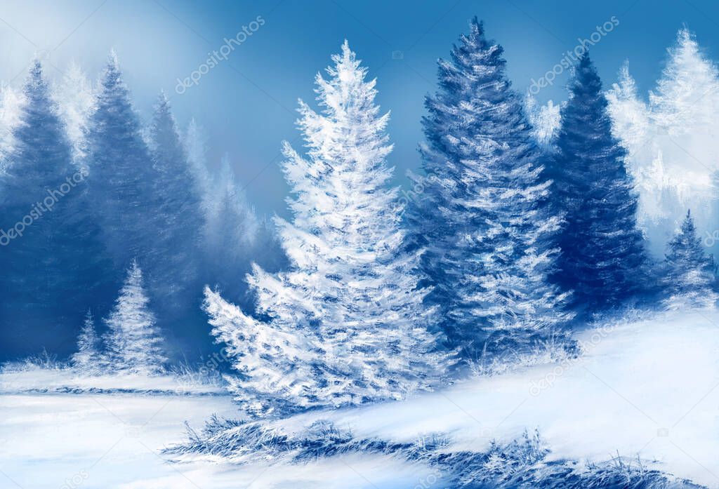 Landscape of dreamlike spruce forest with snow covered fir trees at snowy winter day. Christmas concept.