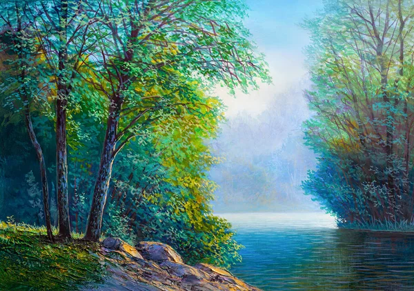 Peinture Huile Paysage Forêt Été Colorée Belle Rivière — Photo