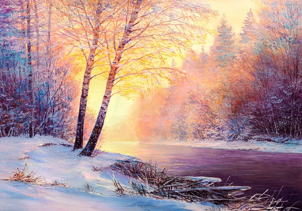 Winter Landscape River Original Oil Painting — Stock Photo, Image