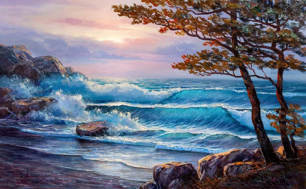 Maluji Mořskou Pláštěnku Borovice Pobřeží Moře Vlny Pláži — Stock fotografie