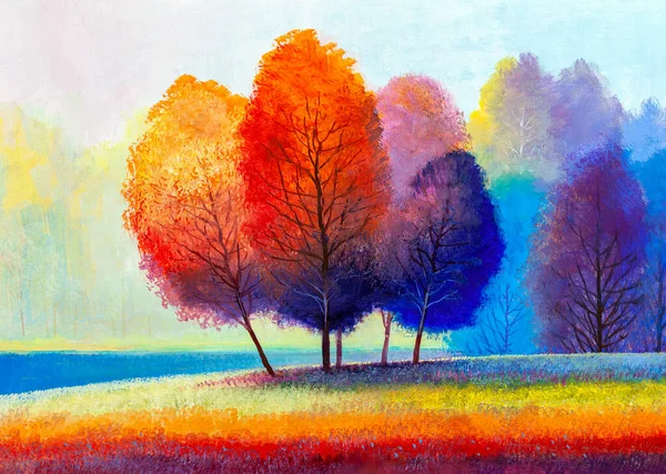 Olieverfschilderij Landschap Kleurrijke Herfst Bos Prachtige Rivier — Stockfoto