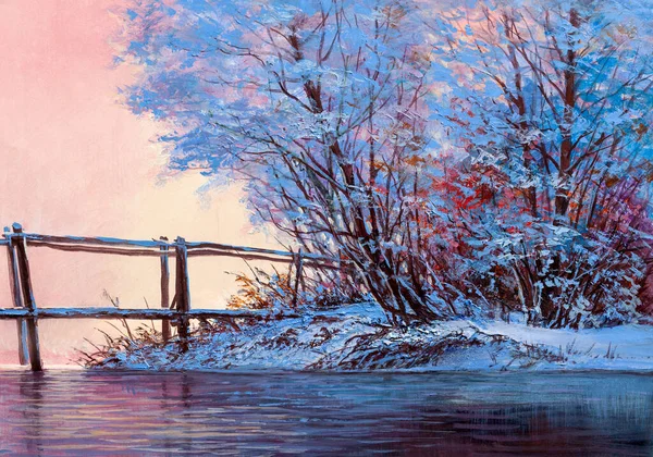 Winter Landscape River Bridge Original Oil Painting — Stock Photo, Image