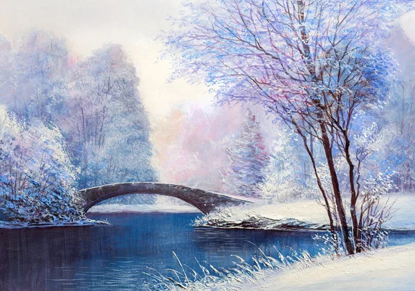 Zimowy Krajobraz Rzeką Mostem Oryginalny Obraz Olejny — Zdjęcie stockowe