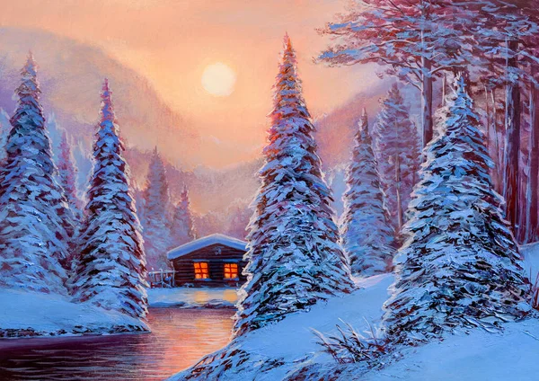 Winter Landscape River House Woods Original Oil Painting — Stock Photo, Image