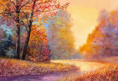 Sonbahar ormanlarında yol, portakal yaprakları. Petrol boyama manzarası..