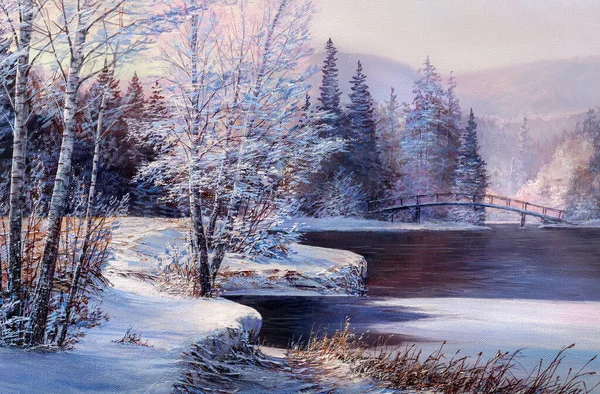 Winter Landscape River Bridge Original Oil Painting — Stock Photo, Image