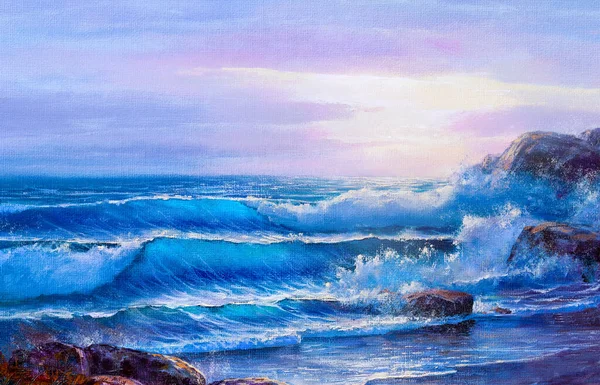 早上在海上 波浪上 插图上 油画画在帆布上 — 图库照片