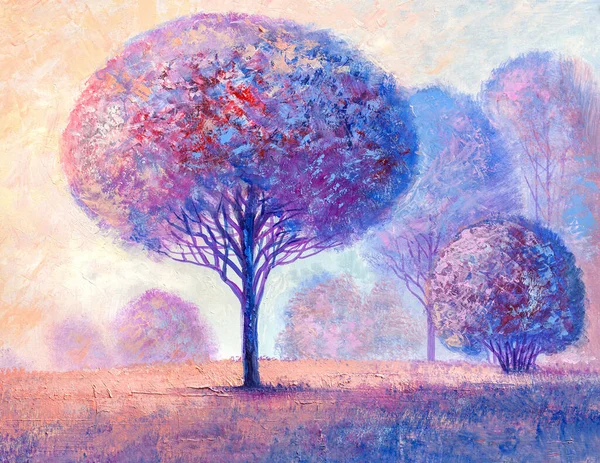 Oljemålning Landskap Färgglada Abstrakta Träd Handmålad Impressionist Stockfoto