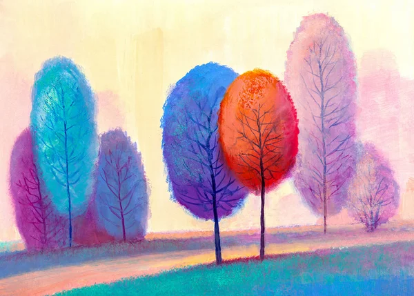 Yağlı Boya Manzara Renkli Ağaçlar Elle Boyanmış Empresyonist Açık Hava Stok Fotoğraf