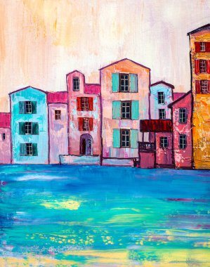 Güzel bir kır evi. Yaz sıcacık manzarası. Orijinal yağlı boya. El boyalı empresyonist..