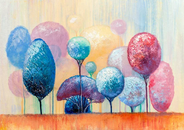 Pintura Óleo Paisaje Árboles Abstractos Colores Impresionista Pintado Mano —  Fotos de Stock