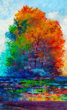 Картина, постер, плакат, фотообои "пейзаж живописи маслом, красочное абстрактное дерево. ручной импрессионист.", артикул 441327938