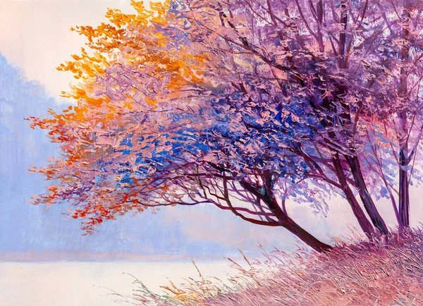 油画风景 五彩缤纷的秋天森林 美丽的河流 — 图库照片