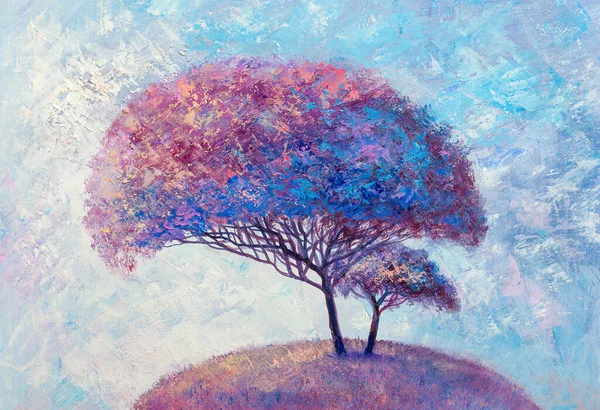 Paesaggio Dipinto Olio Alberi Astratti Colorati Impressionista Dipinto Mano — Foto Stock