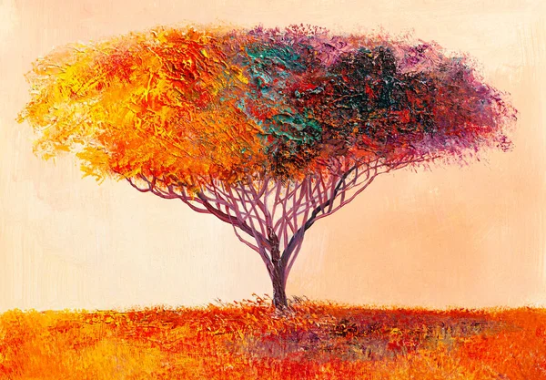 油画风景 五彩缤纷的抽象树 手绘印象派 图库图片